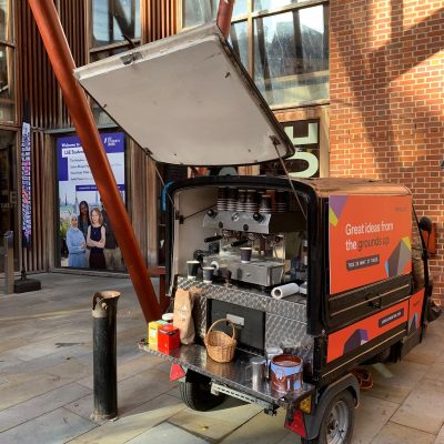 Branded mobile coffee van ready to serve freshly made barista coffee